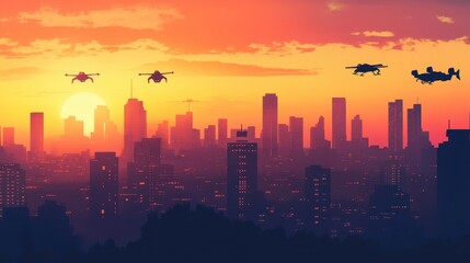 Fototapeta premium Futuristic cityscape with flying vehicles at sunset or sunrise