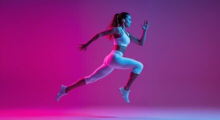 A fit woman performing dynamic running motion, illuminated by vibrant pink and blue studio lighting, depicting energy and fitness.

