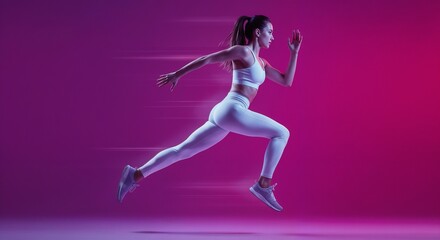 Fototapeta premium A fit woman performing dynamic running motion, illuminated by vibrant pink and blue studio lighting, depicting energy and fitness.