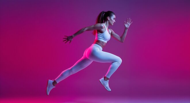 A fit woman performing dynamic running motion, illuminated by vibrant pink and blue studio lighting, depicting energy and fitness.

