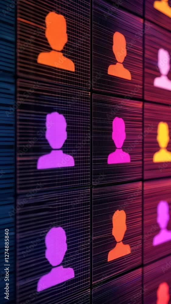 Poster colorful digital art of user icons with glowing effects on a grid for modern design applications