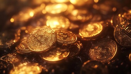 Golden Cryptocurrency Pile, Glowing, Dark Background, Finance