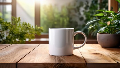 Rustic Revelry Blank Coffee Mug Mockup Basking in Soft Natural Light on a Distressed Wooden Table, Embracing Earthy Aesthetics and Radiating Cozy Serenity