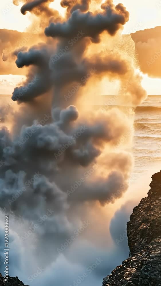 Poster powerful ocean waves crash against rocky cliffs at sunset creating a stunning display of mist and li
