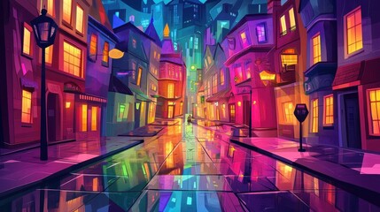 Obraz premium Colorful cityscape at night is reflected on wet pavement