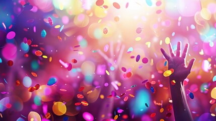 A vibrant celebration scene with colorful confetti falling and hands raised in excitement, capturing a joyful atmosphere.