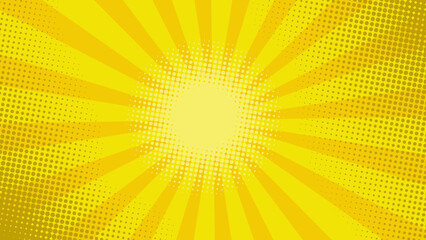 Comic or pop art background. Abstract yellow-orange background vector illustration with halftone dots pattern and rays of light in 16 : 9 wide screen format.