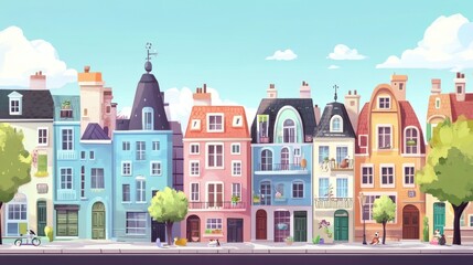 Cartoon style illustration of colorful buildings in a european street