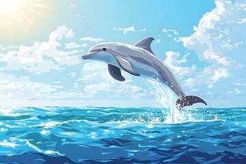 Obraz premium Dolphins leap out of the blue waves, shining with sunlight