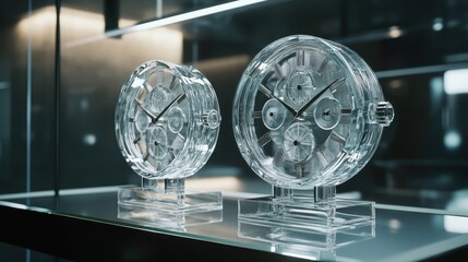 Two Crystal Clocks Displayed On Glass Shelf