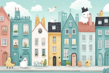 Whimsical city scene with colorful buildings and cute animals