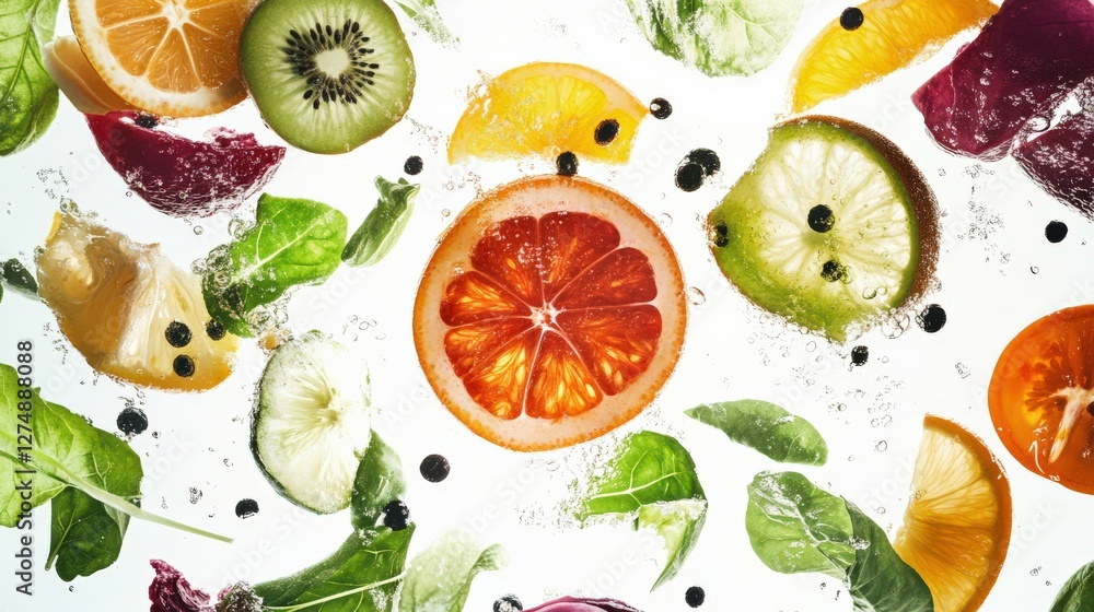 Poster vibrant assortment of sliced fruits and greens submerged in sparkling water, creating a refreshing s