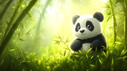 Fototapeta premium A giant panda leisurely gnawing on bamboo deep in the bamboo forest