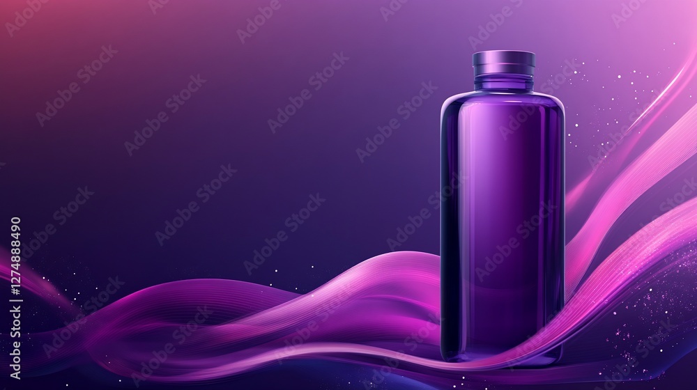 Poster elegant purple bottle with wavy lines and soft light against a dark background product display
