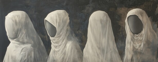 Four faceless figures draped in white cloaks stand in an enigmatic formation, dark background