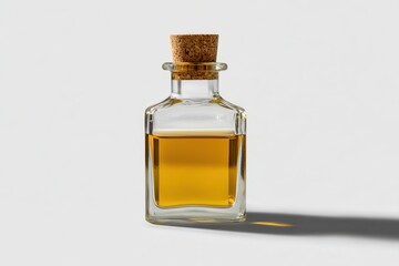 Glass Bottle with Cork Stopper Containing Golden Liquid in Natural Light on Light Background