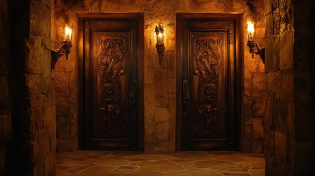 Ornate Wooden Doors Flanked By Lit Wall Sconces