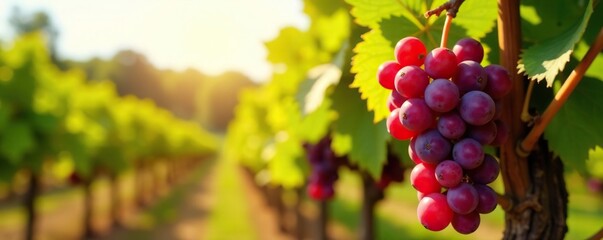 Naklejka premium Red grapes ripening in the sun on a vineyard trellis, vineyard, sunlight
