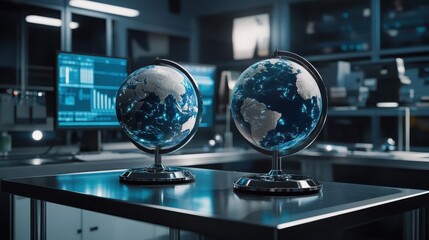 Illuminated Globes Resting On Modern Sleek Tabletop