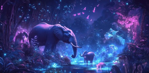 Elephants stand in glowing river surrounded by glowing flora