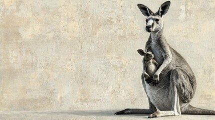 Fototapeta premium Kangaroo with Joey in Natural Habitat Against Textured Background