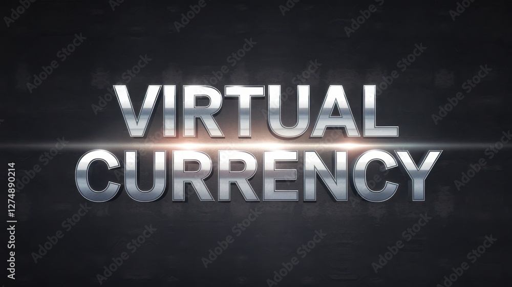 Poster virtual currency text in metallic style on a dark background