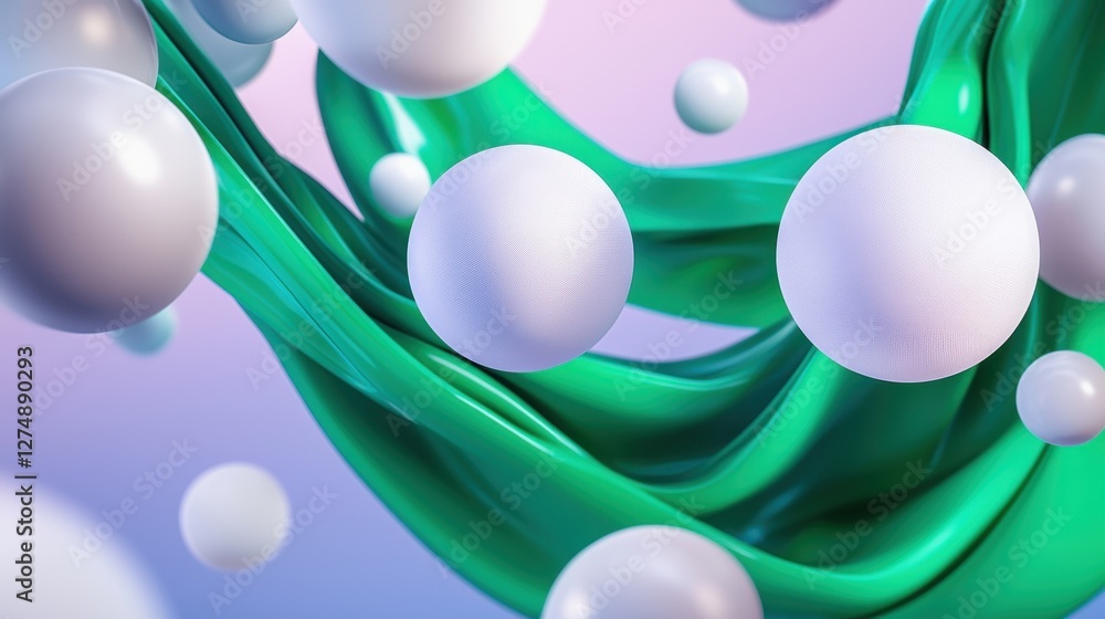 Poster abstract green fabric flowing with white spheres, creating a dynamic composition