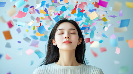 woman with closed eyes surrounded by colorful paper pieces, symbolizing stress management and relaxation techniques. vibrant colors create sense of chaos and calm