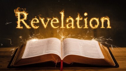 Revelation text glowing above an open book with sparks