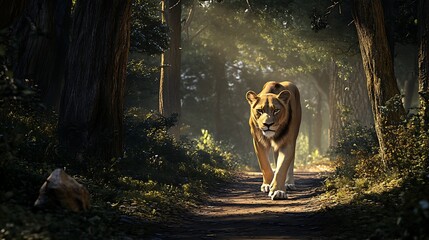 A majestic lion walking through a sunlit forest, surrounded by lush greenery and dappled light filtering through the trees, creating a serene and powerful atmosphere