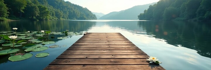 Wooden planked dock on a calm lake with water lilies surrounding the area, peaceful waters, serene harbor,