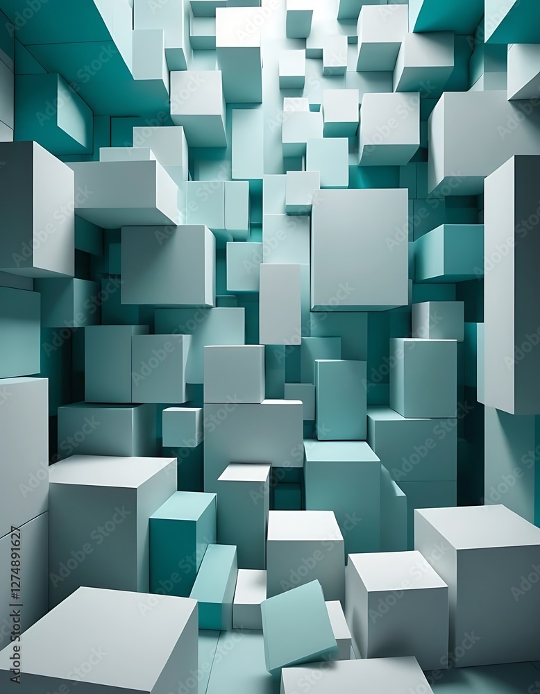 Poster abstract cube composition with teal undertones and varied dimensions