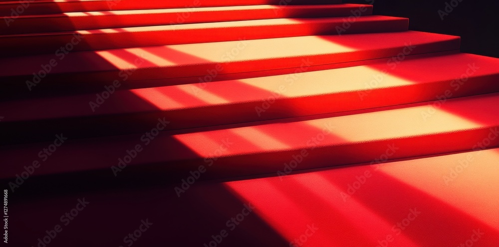 Poster red carpeted staircase illuminated with linear light and shadow
