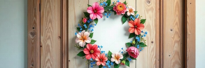 Fototapeta premium Watercolor floral wreath on wooden door , garden, wood, watercolor