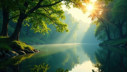 Sunlight filters through dense foliage above a peaceful lake surface, filtered light, serenity