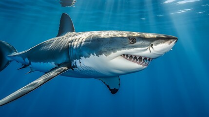 Fototapeta premium A majestic shark swimming gracefully underwater, showcasing its powerful form amidst sunlit ocean depths