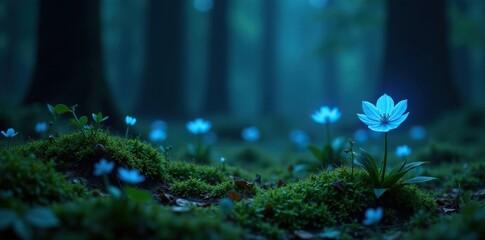 Blue glowing flowers in a dark green forest at night, moss, forest, forestfloor