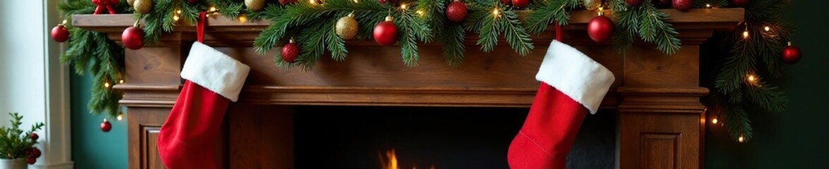 Festive holiday mantel with stockings and ornaments, ivy, holiday