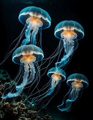 Naklejka premium An Enchanting Dance, A Group of Jellyfish Gracefully Illuminating the Deep Sea