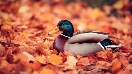 A vibrant male duck resting among colorful autumn leaves under soft natural light