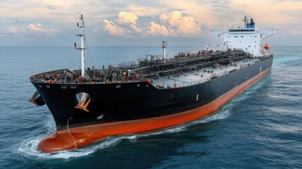 Large Oil Tanker Navigating Open Water Under Scenic Sky at Sunset with Calm Waves