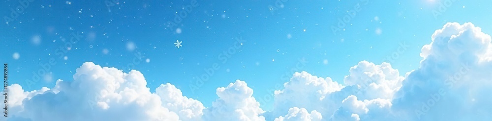 Wall mural blue sky with white fluffy clouds and falling snowflakes, cloudy, fluffy cloud, snowflake