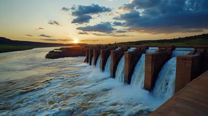 Majestic Waterfall at Dam During Sunset with Cascading Water and Beautiful Sky