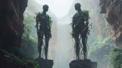 Two Entlike Figures Stand Within A Misty Canyon