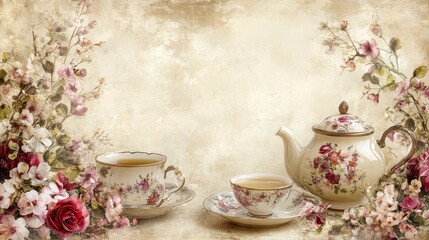 Elegant Tea Set Surrounded by Blooming Floral Arrangements