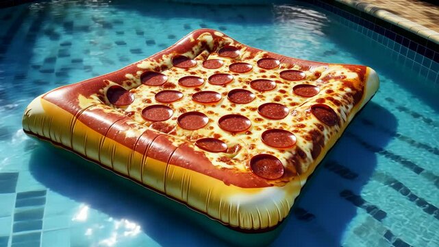 Giant pizza slice float rests in a sunny pool during a summer afternoon gathering