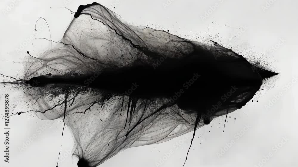 Poster abstract black ink design with swirling patterns and splashes on a light background