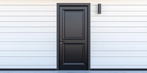 Fototapeta premium Modern black door on white siding exterior.