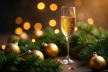 Delicate flute nestled among festive gold ornaments, evergreen and sparkling lights, decoration, evergreen, sparkle