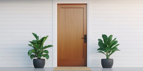 Modern house entrance with wooden door, potted plants, and a welcome mat.